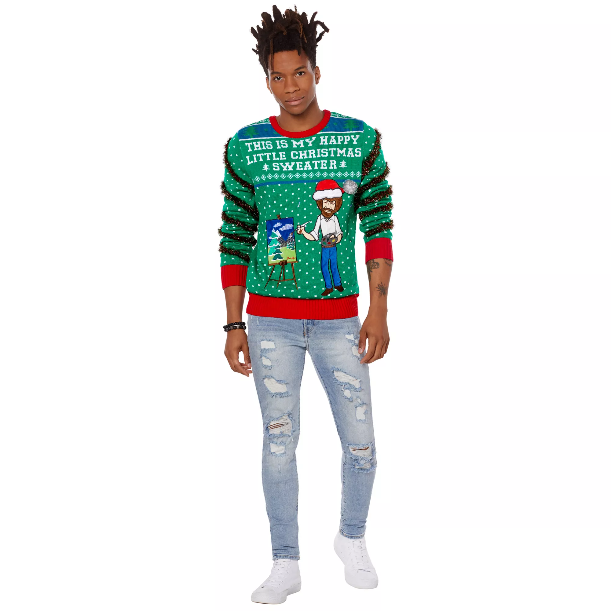 Light-Up Bob Ross Happy Little Christmas Ugly Sweater