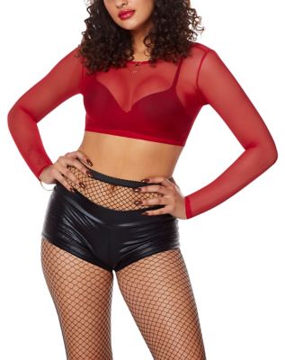 Brianna Red Lace Long Sleeve Mesh Crop Top