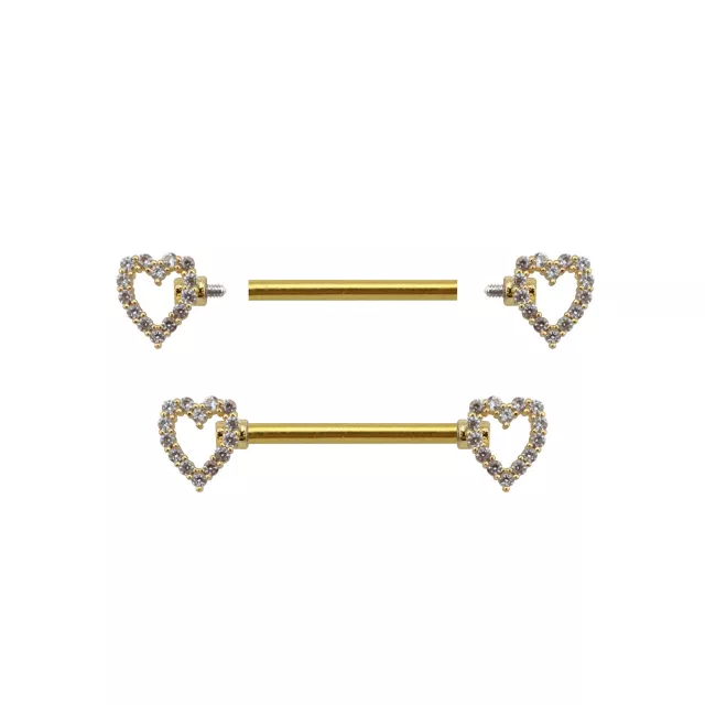 CZ Heart Goldtone Nipple Barbells - 14 Gauge