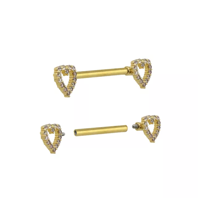 CZ Heart Goldtone Nipple Barbells - 14 Gauge