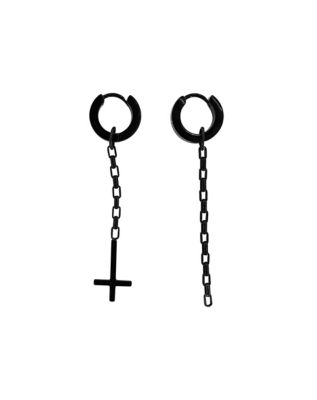 Inverted Cross Earrings 925 Sterling Silver Black Gun Plated Dangle Chain Studs Upside Down Cross Mens Women