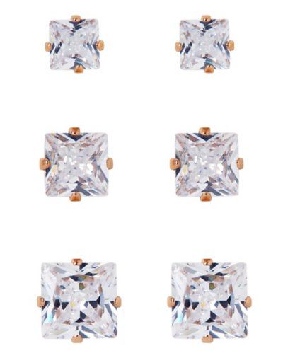 Multi-Pack Rose Goldtone CZ Square Stud Earrings 3 Pack  Gauge