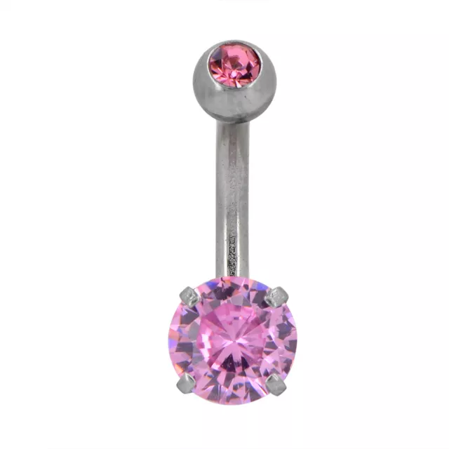 Silvertone CZ Pink Double Gem Effect Belly Ring - 14 Gauge