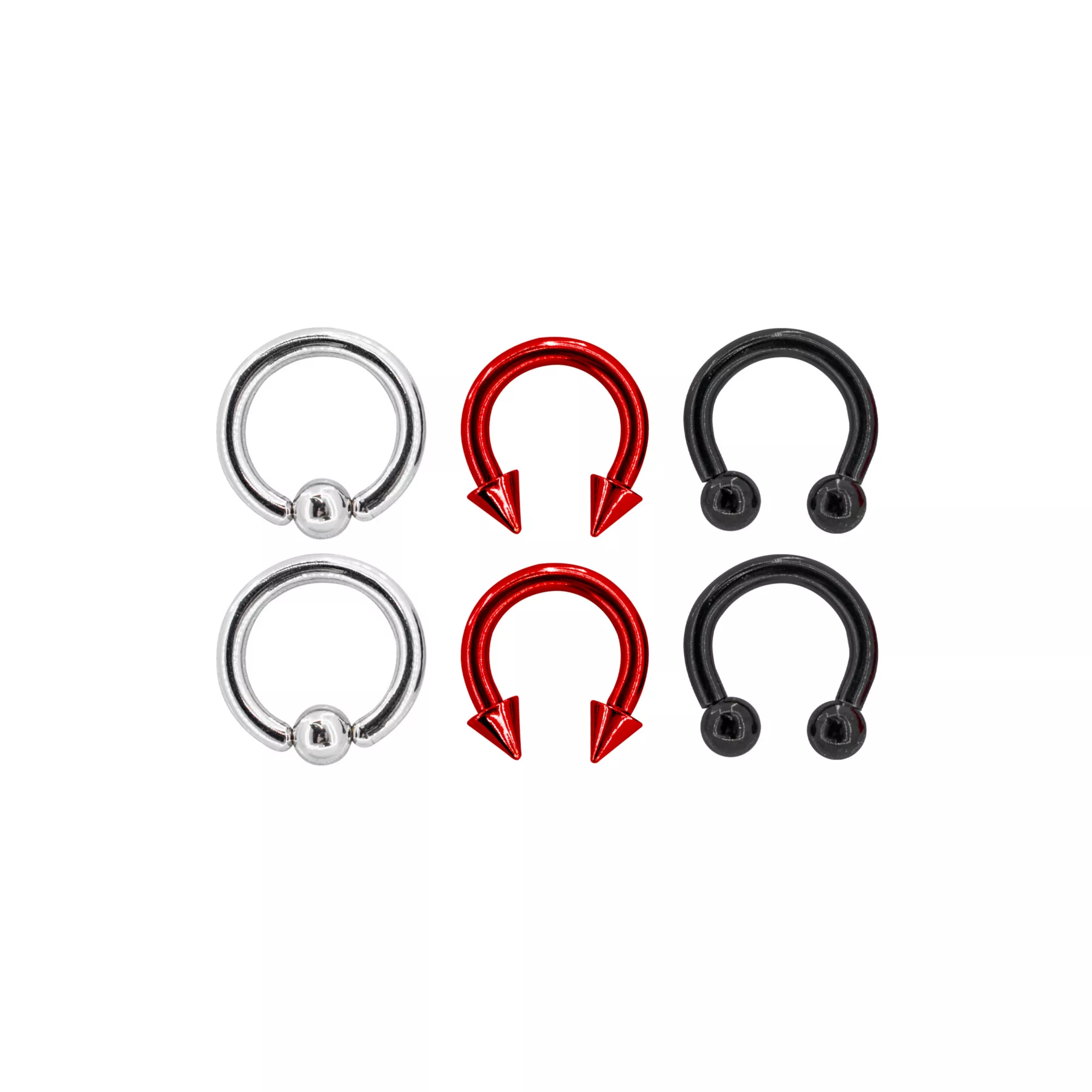 Multi-Pack Silvertone Red and Black Captive Bead Rings and Horseshoe Rings 6 Pack - 10 Gauge at Spencer's