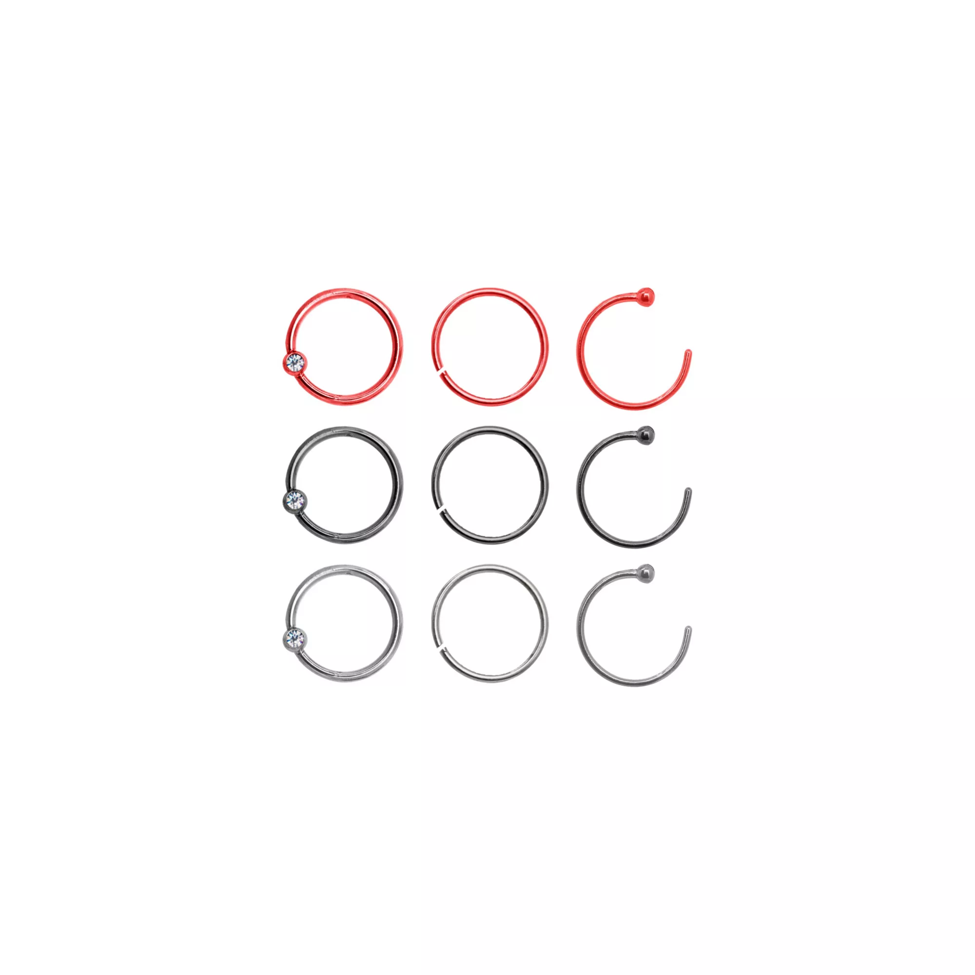 Multi-Pack CZ Red and Black Hoop Nose Rings 9 Pack – 20 Gauge at Spencer's