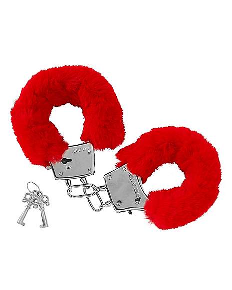 Furry Fluffy Metal Red Handcuffs Valentines Novelty Gift Adult Fun Kinky Cuffs 