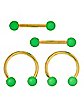 Goldplated Matte Green Nipple Barbells and Horseshoe Rings 4 Pack - 14 Gauge