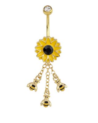 CZ Goldtone Flower Bee Dangle Belly Ring - 14 Gauge