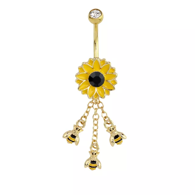 CZ Goldtone Flower Bee Dangle Belly Ring - 14 Gauge at Spencer's