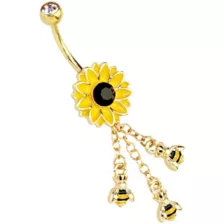 CZ Goldtone Flower Bee Dangle Belly Ring - 14 Gauge at Spencer's