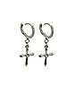 CZ Silvertone Ornate Cross Huggie Dangle Earrings