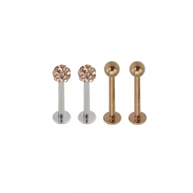 Multi-Pack Rosegold Plated CZ Dimple Labret Lip Rings 4 Pack - 16 Gauge at Spencer's