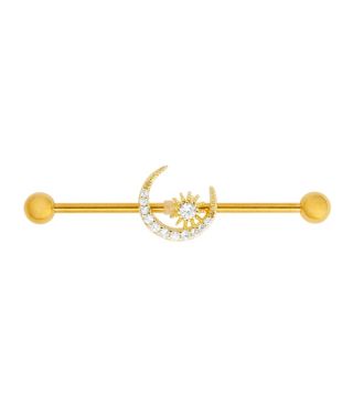 Goldplated CZ Sun and Moon Industrial Barbell - 14 Gauge