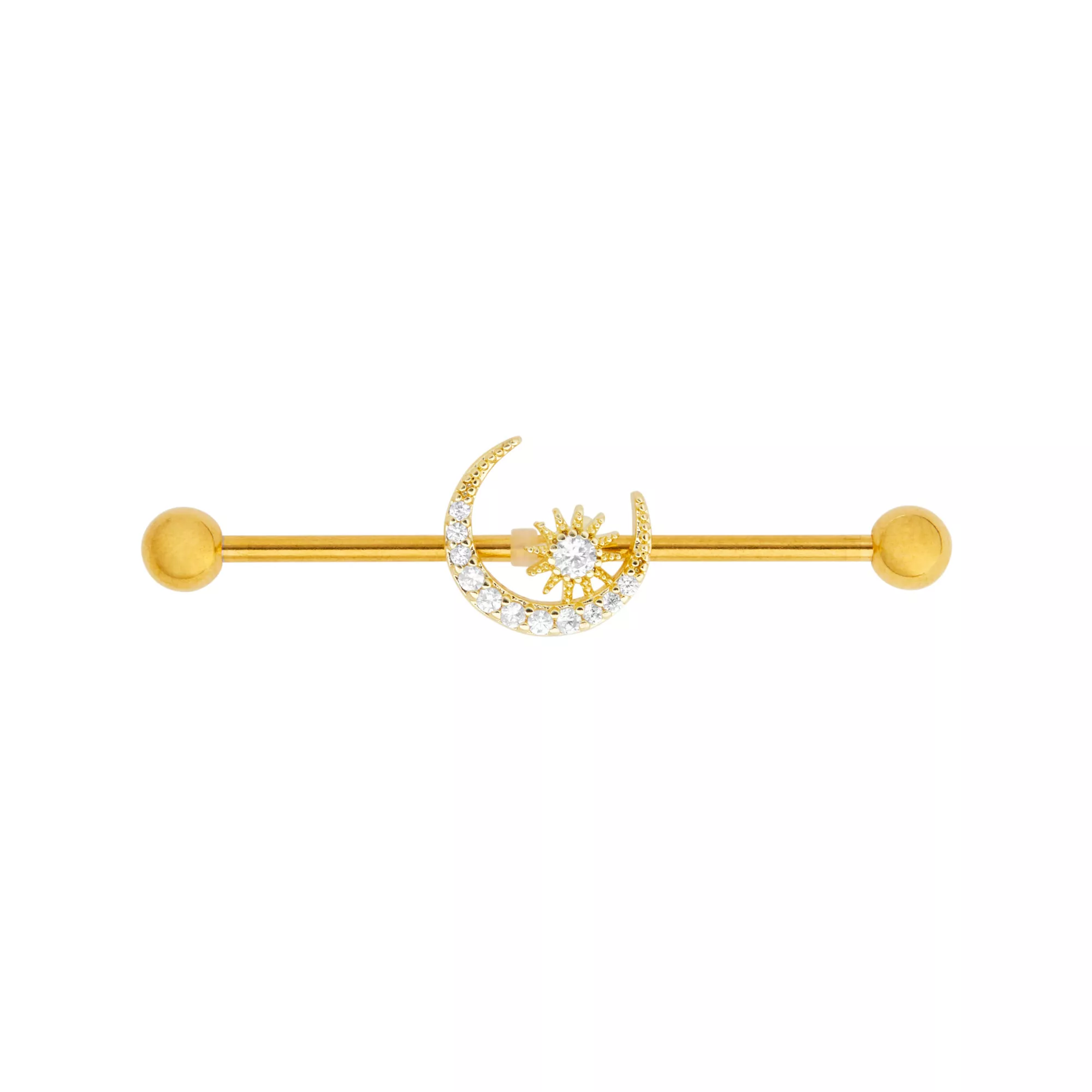 Goldplated CZ Sun and Moon Industrial Barbell - 14 Gauge at Spencer's
