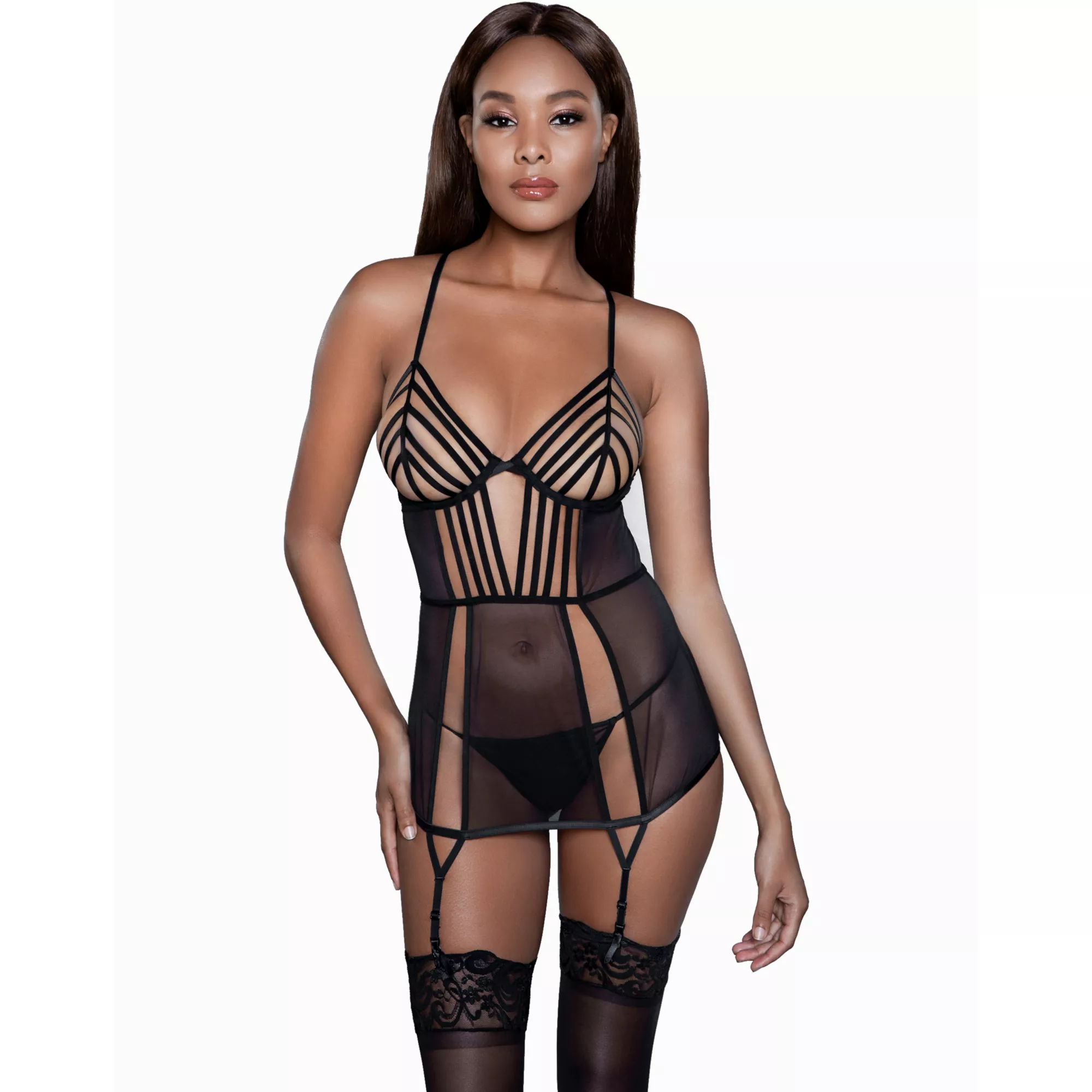 Strappy Mesh Chemise and Thong Panties Set