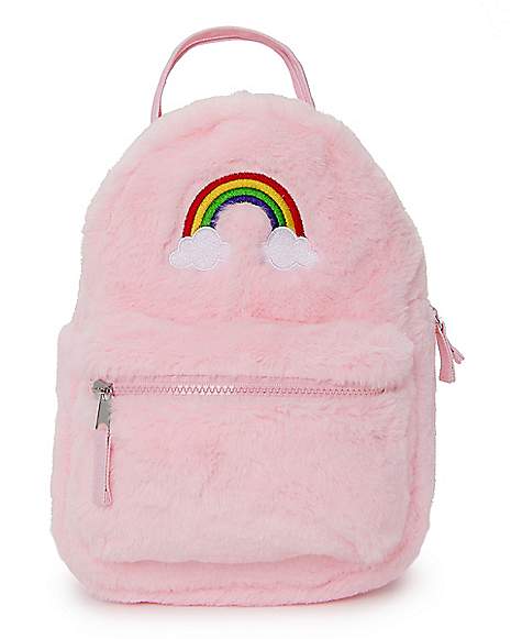 Faux Fur Pink Rainbow Mini Backpack - Spencer's