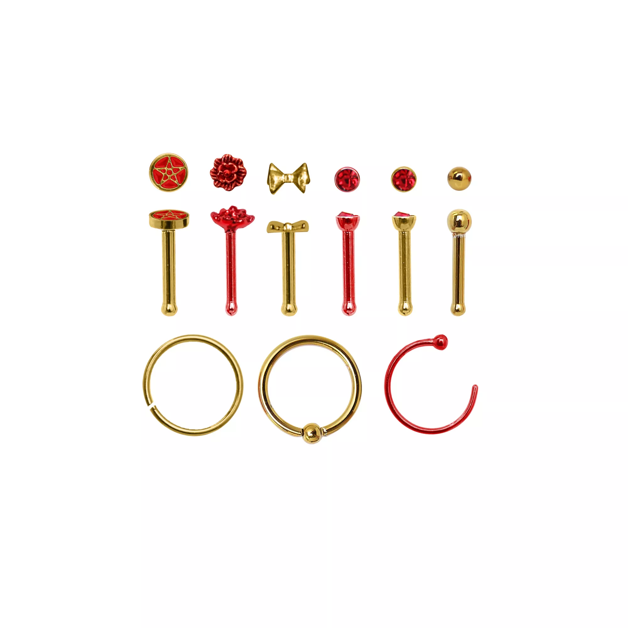 Multi-Pack Red and Gold Nose Pins and Hoop Rings 9 Pack - 20 Gauge at Spencer's