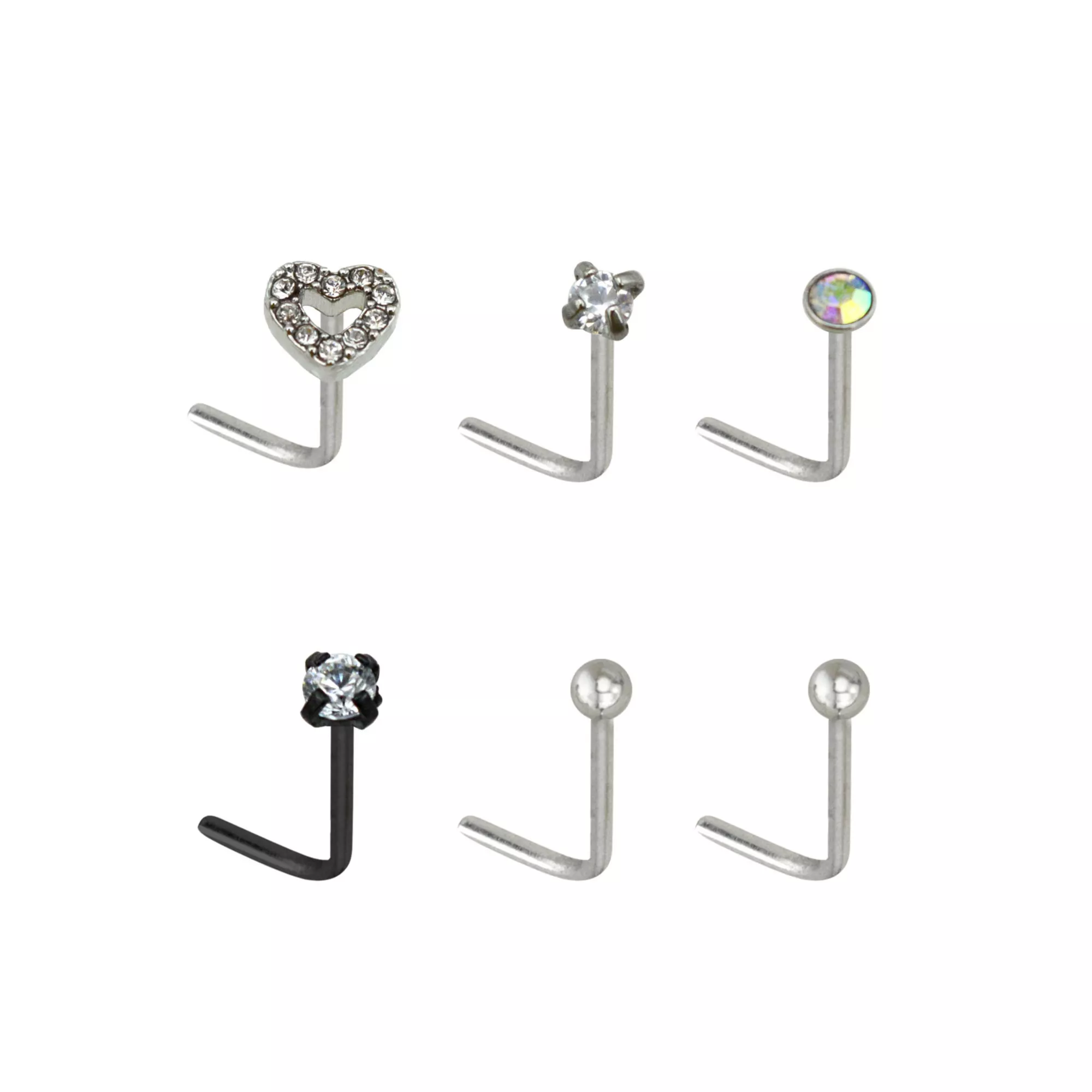 Multi-Pack CZ Heart L-Bend Nose Rings 6 Pack - 20 Gauge at Spencer's