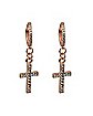 CZ Rose Goldtone Cross Dangle Huggie Hoop Earrings - 18 Gauge