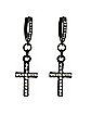 CZ Black Cross Dangle Huggie Hoop Earrings - 18 Gauge
