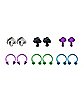 Multi-Pack Black and Purple Mushroom Stud Earrings and Horseshoe Rings 6 Pair - 18 Gauge