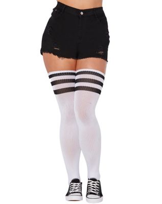 Plus Size Black and White Triple Stripe Thigh High Athletic Socks -  Spencer's