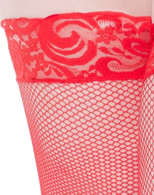 Red Lace Fishnet Thigh High Stockings