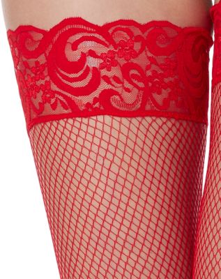 Red Lace Fishnet Thigh High Stockings