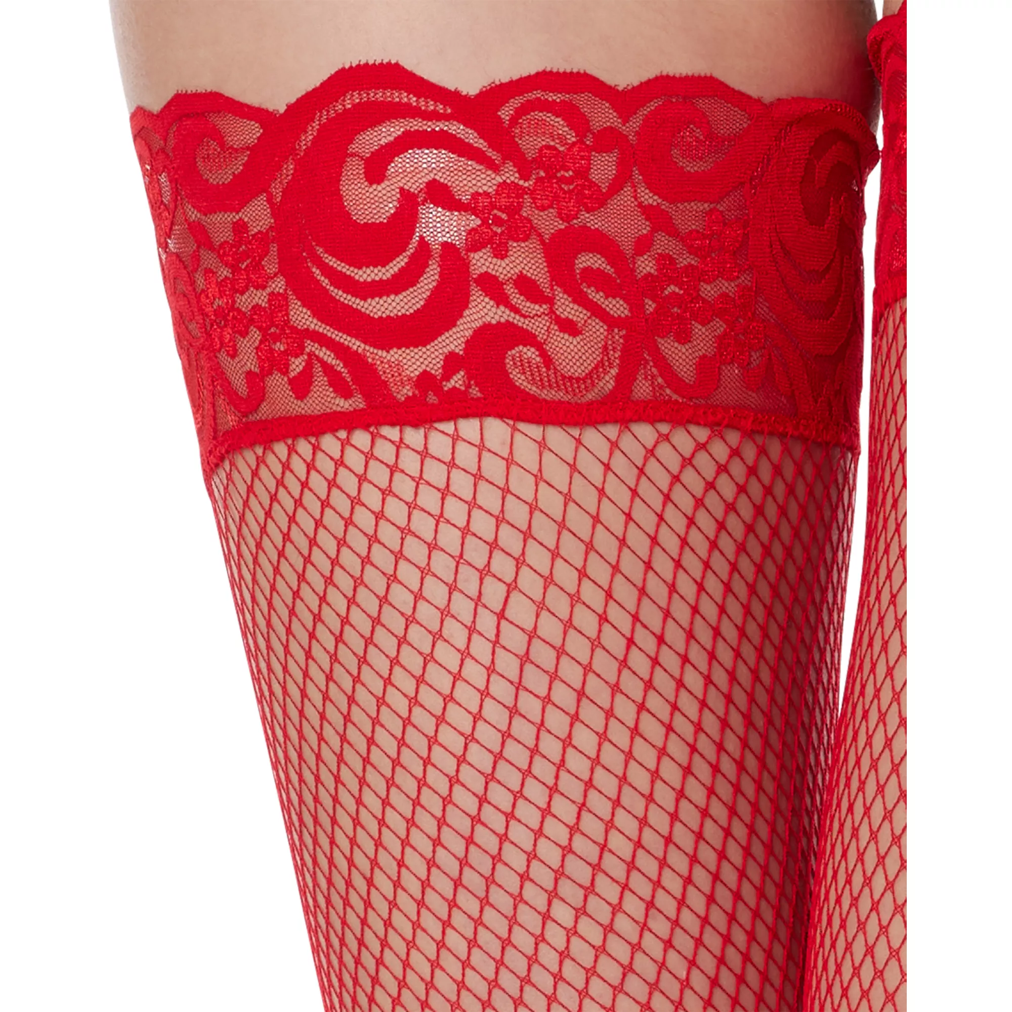 Red Lace Fishnet Thigh High Stockings at Spencer's