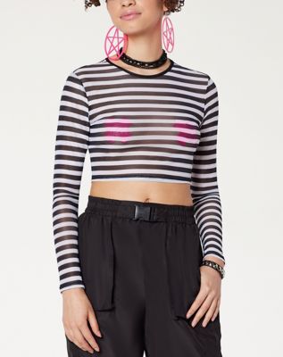 Black and White Striped Mesh Crop Top