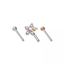 Multi-Pack CZ Flower Bone Nose Rings 3 Pack - 20 Gauge at Spencer's