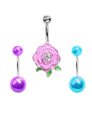 Multi-Pack CZ Purple Flower Belly Rings 3 Pack - 14 Gauge