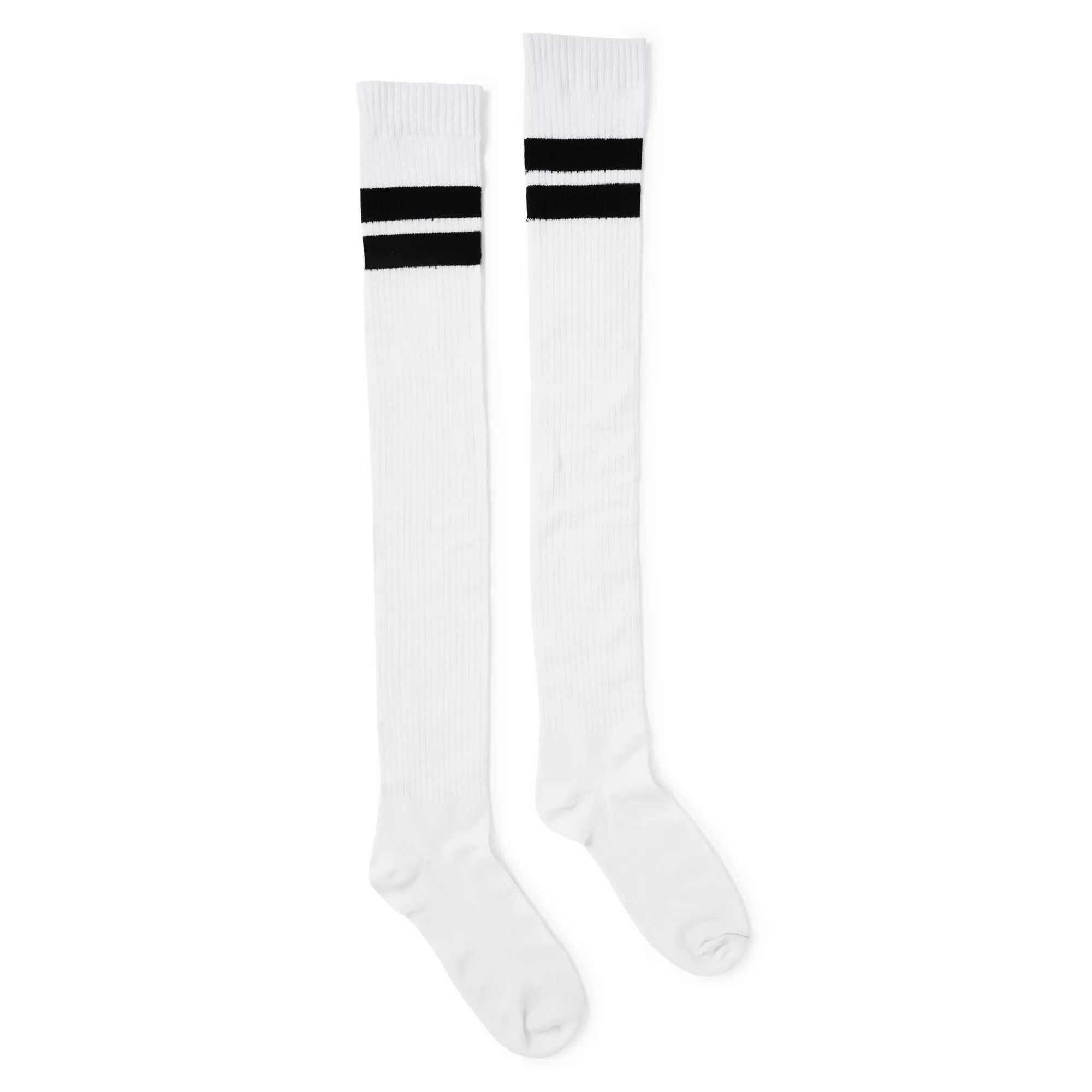 Dual Athletic Stripe Over The Knee Socks - White and Black at Spencer's