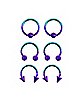 Multi-Pack Teal and Purple Ombre Captive Bead and Horseshoe Rings 6 Pack - 16 Gauge