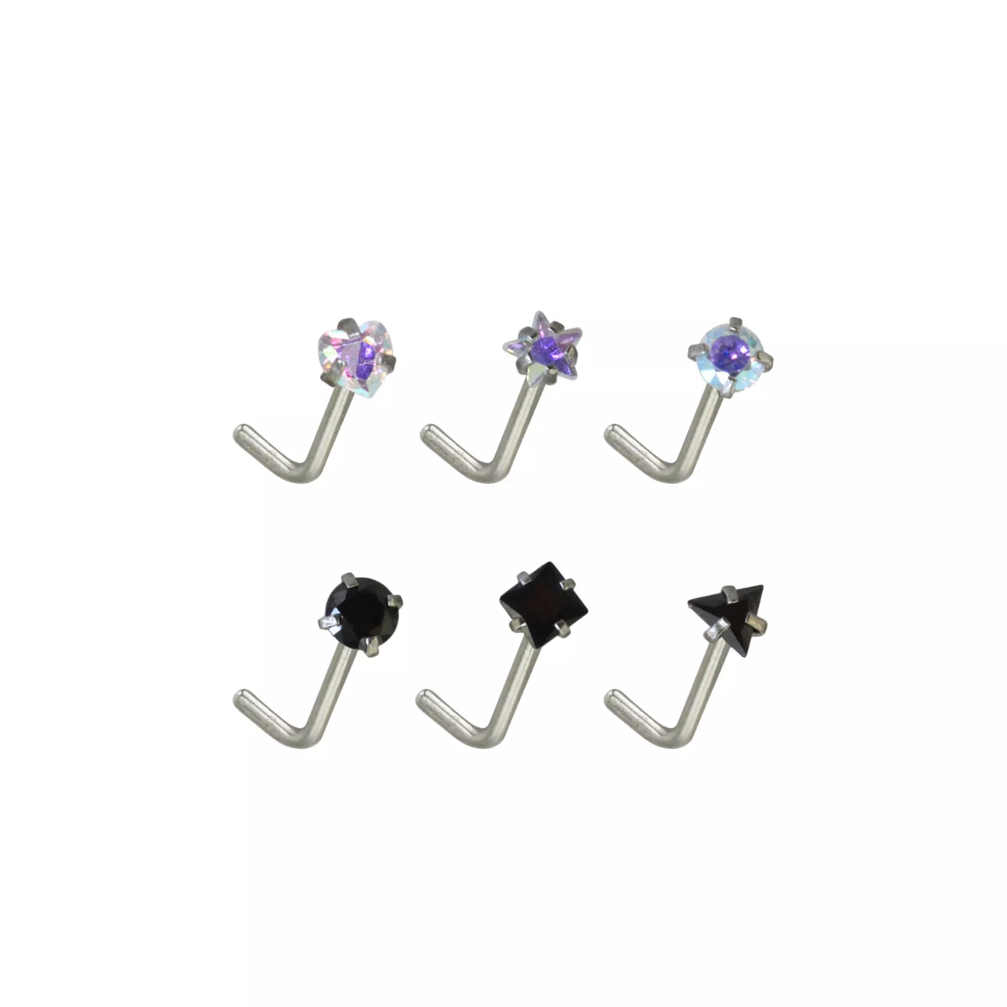 Multi-Pack Shape CZ L-Bend Nose Rings 6 Pack - 20 Gauge at Spencer's