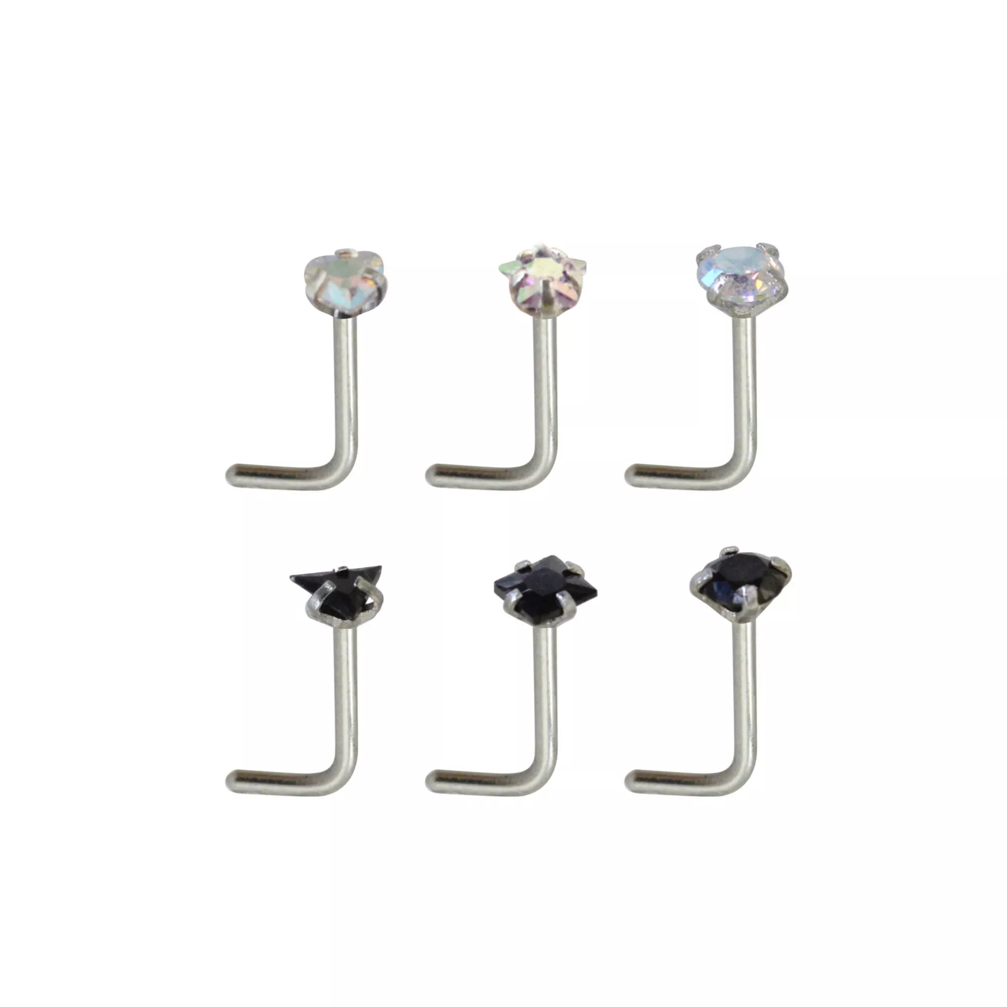 Multi-Pack Shape CZ L-Bend Nose Rings 6 Pack - 20 Gauge at Spencer's