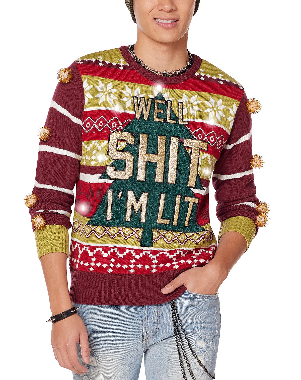 Light-Up Well Shit I'm Lit Ugly Christmas Sweater