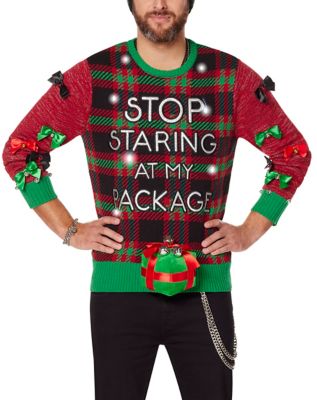 Light-Up Stop Staring At My Package Ugly Christmas Sweater