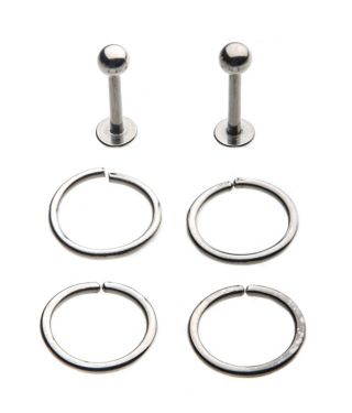 Multi-Pack Silvertone Labret Lip Rings and Captive Rings 6 Pack - 16 Gauge