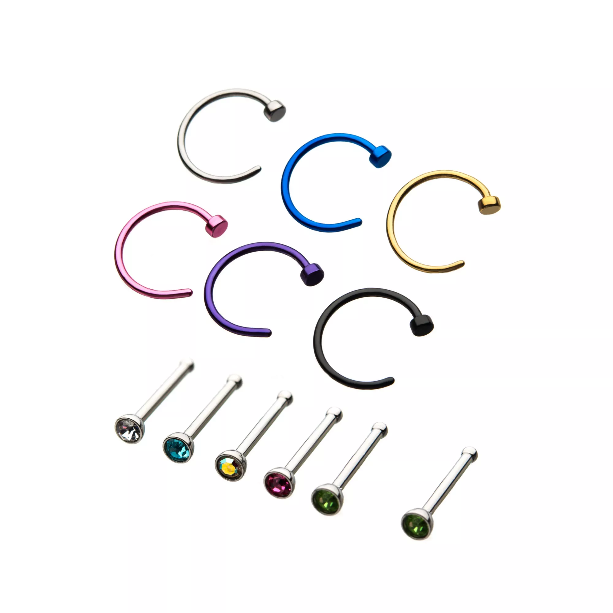 Multi-Pack Colored Hoop Nose Rings and CZ Bone Nose Rings - 12 Pack at Spencer's