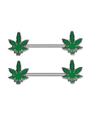 Glow in the Dark Weed Leaf Nipple Barbells - 14 Gauge