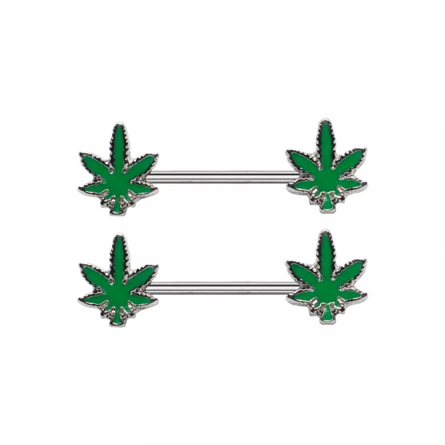 Glow in the Dark Weed Leaf Nipple Barbells - 14 Gauge at Spencer's