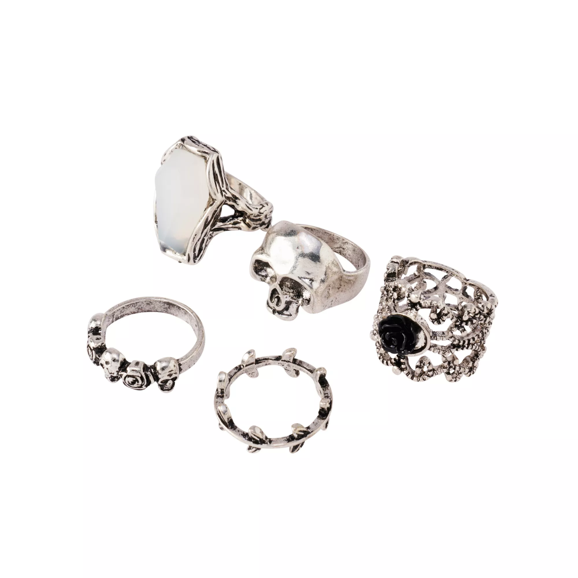Multi-Pack Skull Stone and Rose Rings - 5 Pack