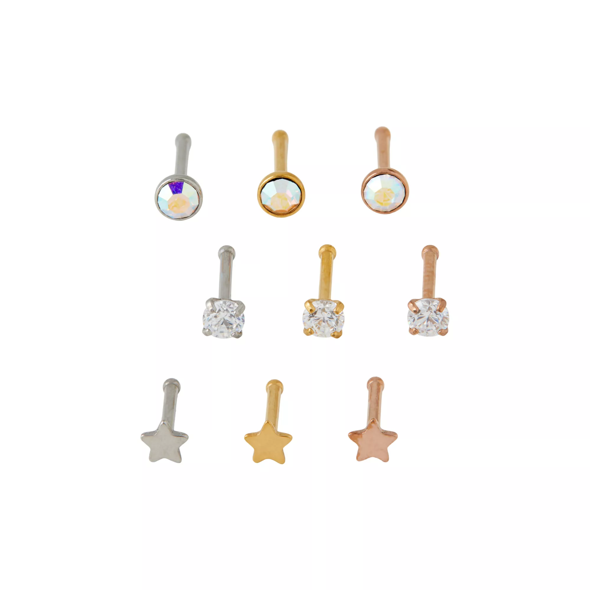 Multi-Pack CZ Rosegold Silver and Gold Nose Pins 9 Pack - 20 Gauge at Spencer's