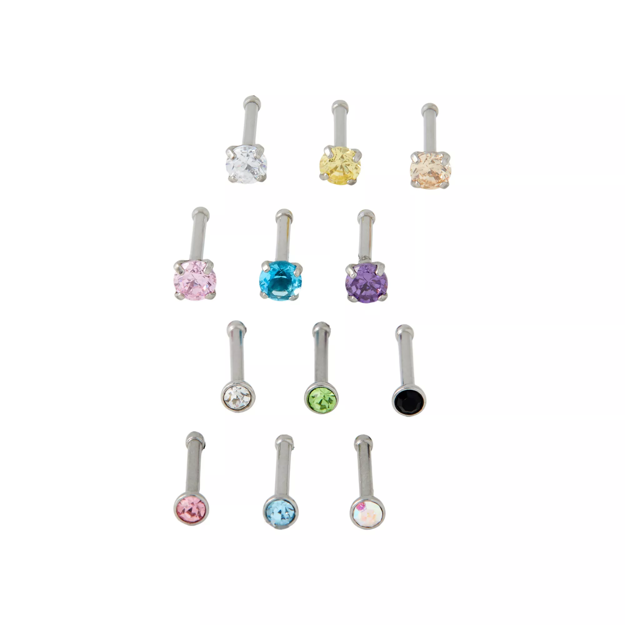 Multi-Pack Multi-Color Prong CZ Bone Nose Rings - 12 Pack at Spencer's