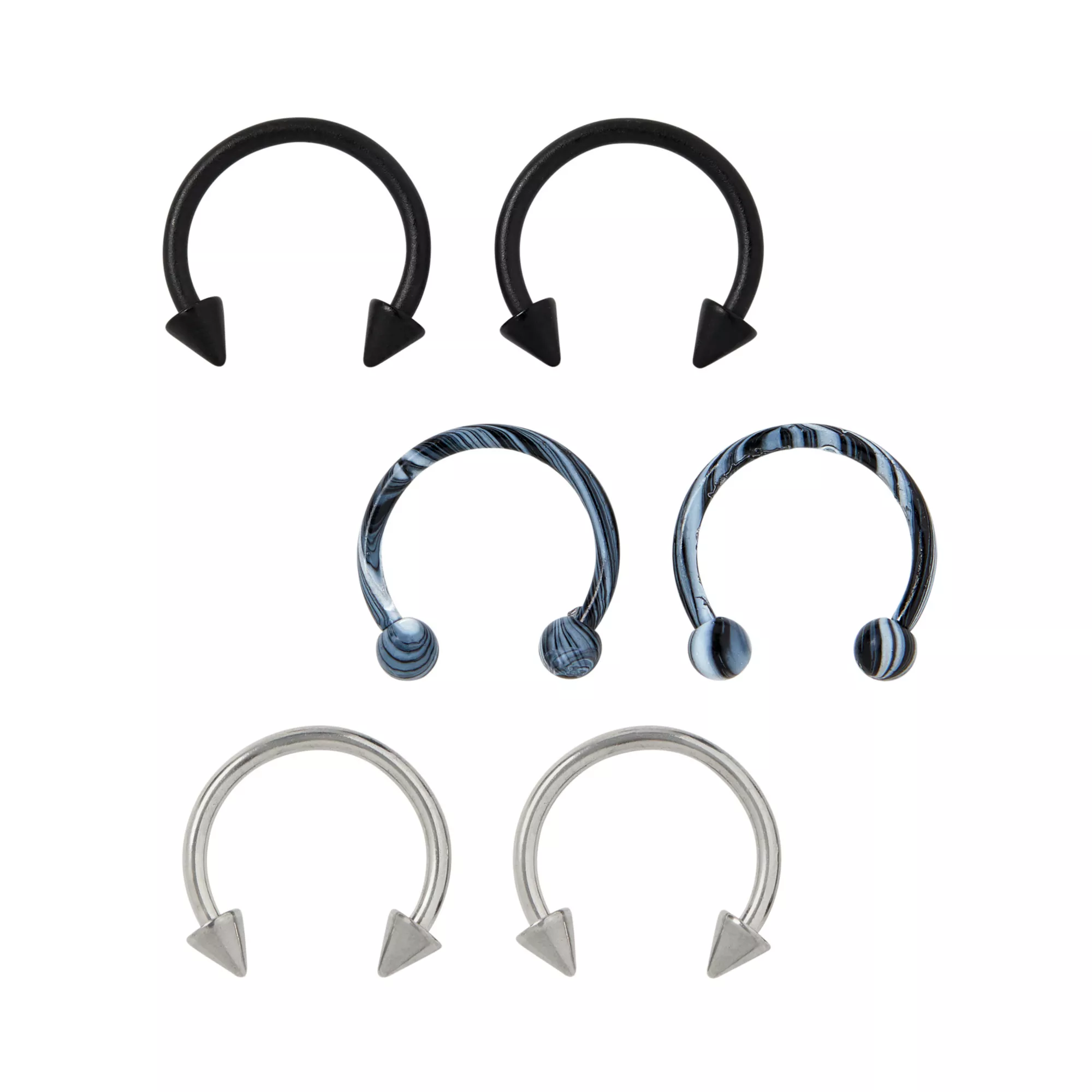 Multi-Pack Silver Black and Marble Horseshoe Rings 6 Pack - 16 Gauge at Spencer's