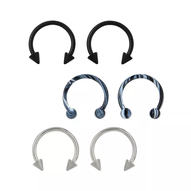 Multi-Pack Silver Black and Marble Horseshoe Rings 6 Pack - 16 Gauge at Spencer's