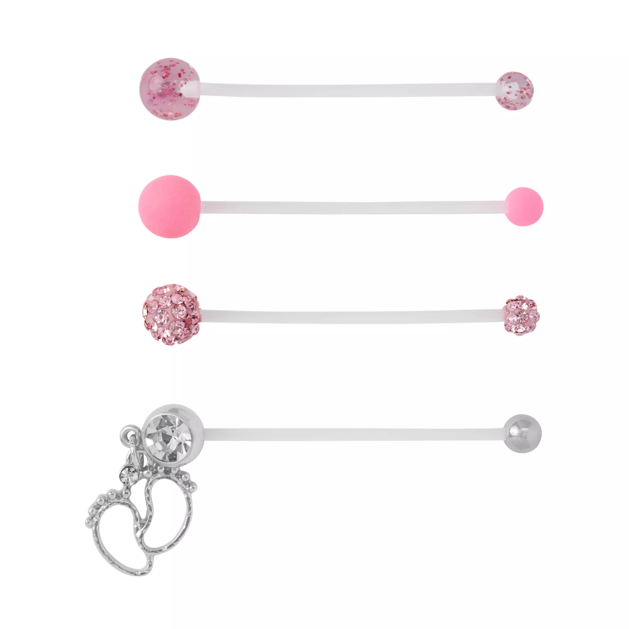Multi-Pack Pink CZ Footprint Pregnancy Belly Rings 4 Pack - 14 Gauge