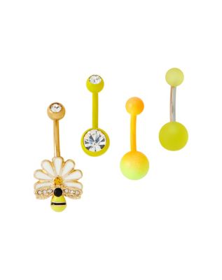 Multi-Pack Bee and Flower and Gem-Effect Yellow Belly Rings 4 Pack - 14 Gauge