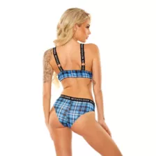Blue Plaid No Fucks Given Bra and Panties Set at Spencer's